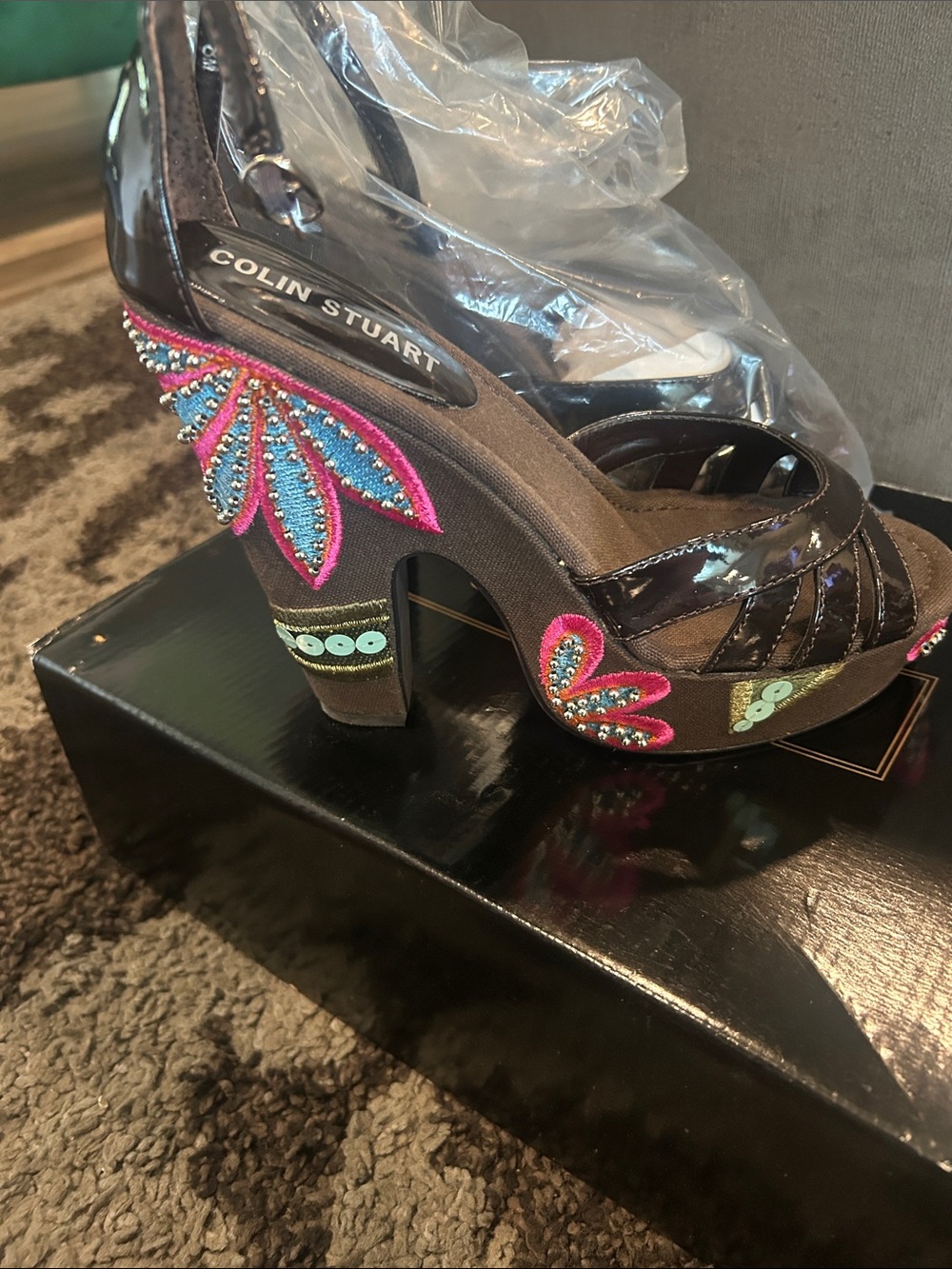 Colin Stuart Brown Platform Heels with Pink & Turquoise Embellishments
